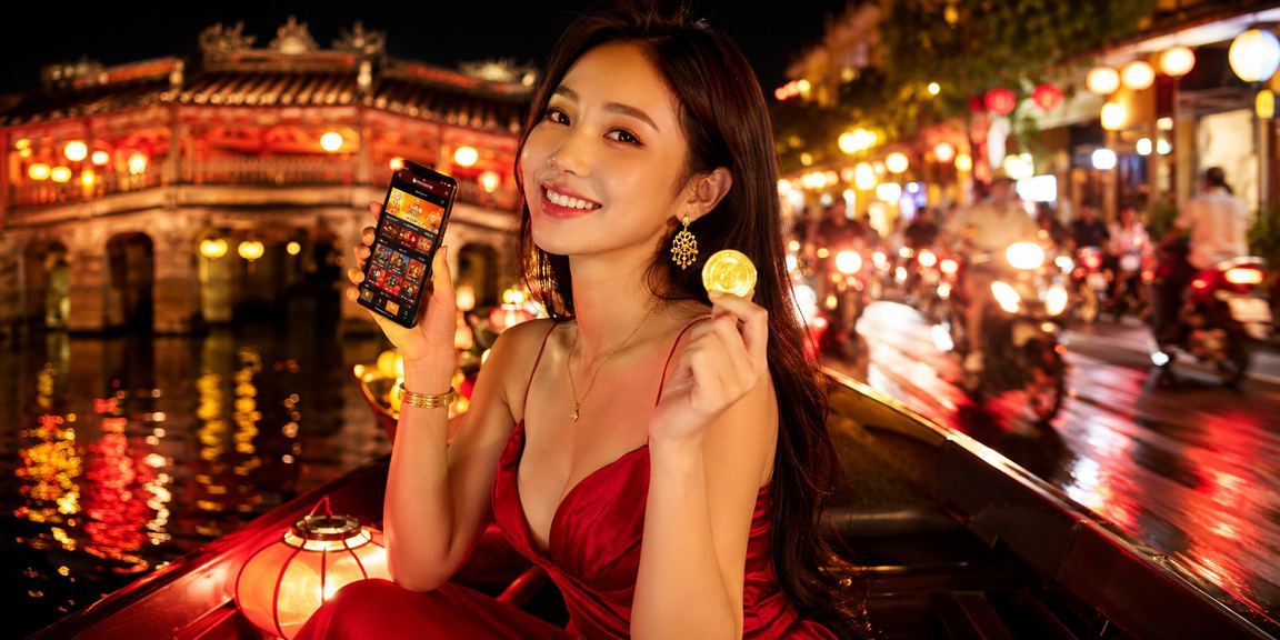 Người chơi tại chợ đêm Hội An truy cập casino di động trên điện thoại